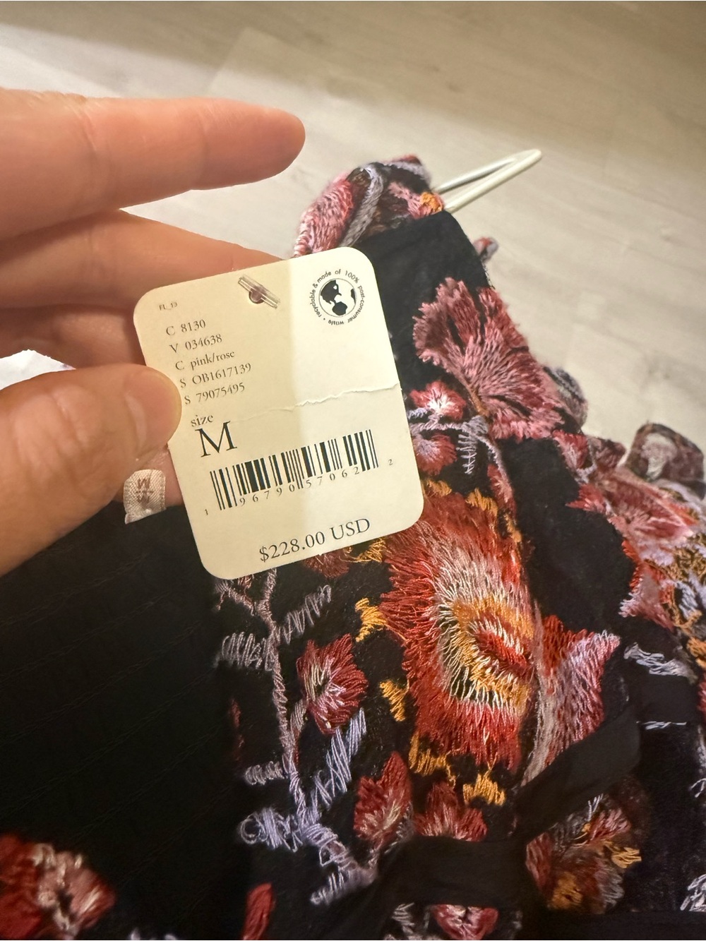 Free People NWT Embroidered Tie Strap Romper Black Pink Floral Cutout - Size Med - Picture 7 of 10